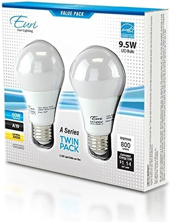 2 Pack, A19 Dimmable LED Bulb, 9.5W, 800 Lumens, 5000K by Euri