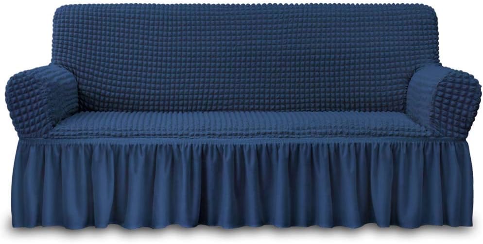 Slipcovers - NICEEC Sofa Slipcover Blue Sofa Cover 1 Piece Easy Fitted Sofa Couch Cover Universal High Stretch Durable Furniture Protector with Skirt Country Style (3 Seater Navy Blue)