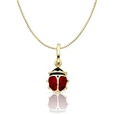 14K Yellow Gold Lady Bug Colored Enamel Lucky Charm Pendant with 0.6mm Box Chain Necklace