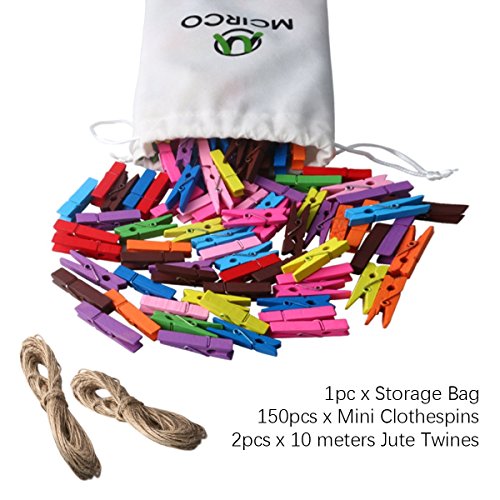 MCIRCO ã€150 Piecesã€‘ Wooden Clips, Mini Colored Natural Wooden Clothespins Photo Paper Peg Pin Craft Clips with Jute Twine