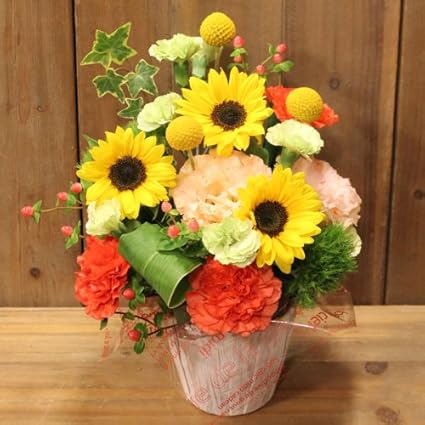 Amazon ひまわりを数種のお花を使用したアレンジメント 縦型 生花 フラワーギフト プレゼント ヒマワリ 向日葵 エルフルール フラワー アレンジメント 通販
