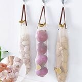 Transer Reusable Fruit and Vegetable Hollow Breathable Mesh Bags for Hanging Storage for Potato Onions Green Pepper Fruits Garlic (Beige - 3 pcs)