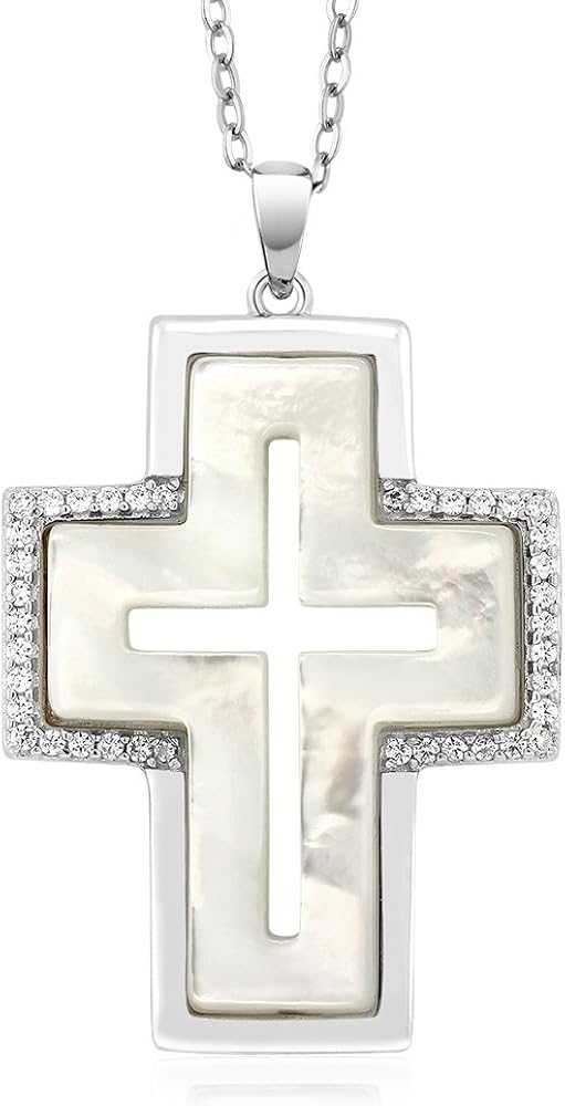 Gem Stone King 1 Inch White Simulated Mother of Pearl MOP Cross Shape Pendant Necklace with 18 Inch Chain
