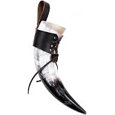 Drinking Horn, with Black Leather Holder Medieval Norse Ale Natural Drinking Mug for Viking Wine Mead Horn Mug approx 12oz