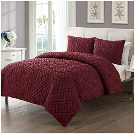 Elegant 3 Piece Bedding Comforter Set in Burgundy Embossed Greek Key Pattern For Contemporary Bedroom - King Size