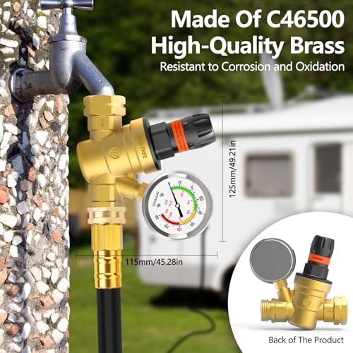 RV Water Pressure Regulator with Colorful Gauge, Hand Adjustable Knob,Brass Lead-Free Water Pressure Reducer with Inlet Screen Filter,for RV Camper Travel Trailer Water Hose,Suitable for NH Thread