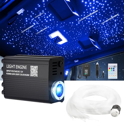 Lampada da soffitto in fibra di vetro per auto, 2 in 1 Twinkle & Meteor Light Engine 200 stelle cadenti bianche pure, 750 pezzi da 0,03 pollici x 9,8 piedi RGBW in fibra ottica da 16 W