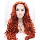 K'ryssma Fashion Women's Copper Red Lace Front Wigs Synthetic Glueless Long Wavy Free Part Half Hand Tied Replacement Full Wigs For Halloween Heat Resistant #360 24 inches