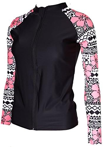 Women Long Sleeve Zip Front Rash Guard Swim Shirts Sun Protection Upf50+, Black&amp;indian Pink, X-Large