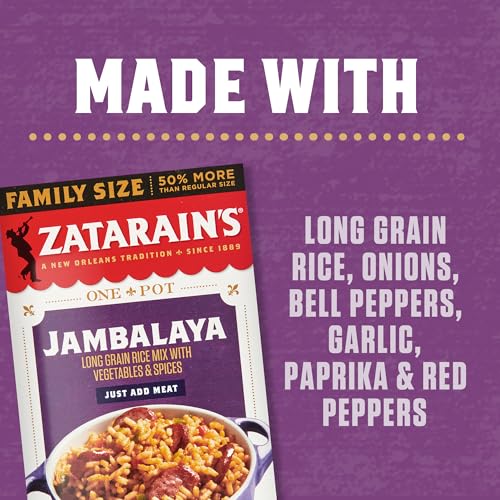 ZATARAIN’S RICE MIX, JAMBALAYA, FAMILY SIZE, LONG GRAIN RICE WITH ONIONS, BELL PEPPERS, GARLIC, PAPRIKA, AND RED PEPPERS, JUST ADD MEAT FOR EASY-PREP, NEW ORLEANS STYLE RICE MEAL, 12 OZ