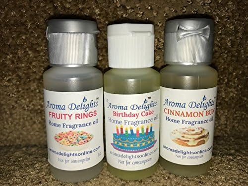 3 Pack of Fruity Rings, Birthday Cake & Cinnamon Bun Scented Oil by Aroma Delights - 1 Ounce Bottles
