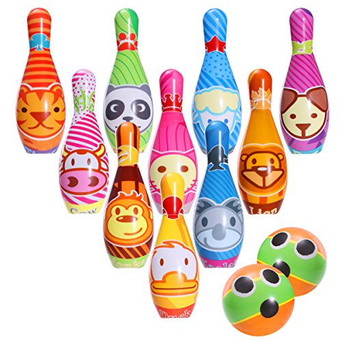 iBaseToy Kids Bowling Toy Set, Foam Ball Toys, Indoor Outdoor Bowling Games for Children / Toddlers / Boys / Girls for Early Development / Sport / Preschool (10 Pins & 2 Bowling)