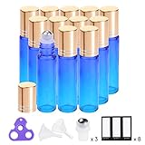 Essential Oil Roller Bottles 10ml (Gradient Blue Glass, 12pack, 3 Extra Stainless steel Roller Balls，24 Labels, Opener, 2 Funnels by PrettyCare) Roller Balls For Essential Oils, Roll on Bottles
