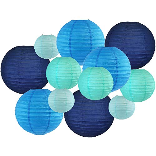 Just Artifacts Decorative Round Chinese Paper Lanterns 12pcs Assorted Sizes & Colors (Color: Blues)