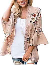 Kimono de manga suelta con estampado floral para mujer, con encaje