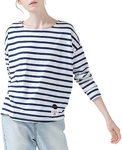 TOYOUTH T-Shirts Spring Women T-Shirt Stripe Printed Loose Base Casual Long Sleeve O-Neck Tees Tops Navy X-Large