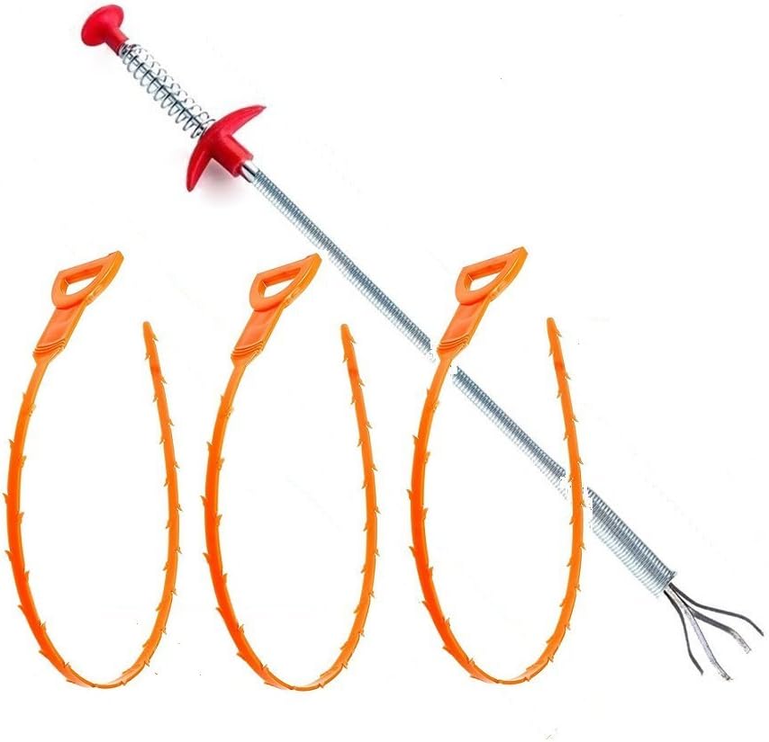 Donnex 4-Pack, Preferred Sturdy & Durable Plastic Design, 3 Clog Remover Drain Snake Quality Sticks and 1 Gripper Claw, Sink and Tub Drain Cleaner, Auger, Dryer Lint