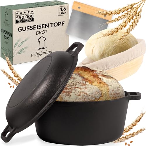 Cast Iron Pot 26 cm, Pre-Seasoned, Induction Compatible, 2-in-1 Cast Iron Roasting Pan with lid 4.6 L, Stewing Pan with Practical Double Function, Cast Iron Pot, Bread Baking Pot with Lid | Bake crispy sourdough bread or Schmore hearty dishes with proofing basket, dough scraper and 2 in 1 lid