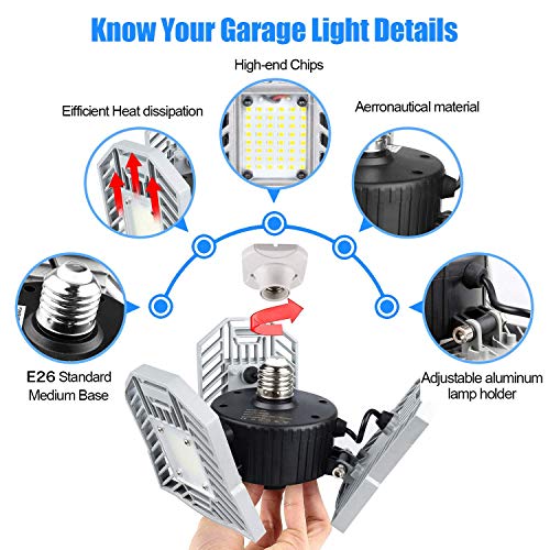 2-Pack Garage Lighting Led Adjustable Light 60W Tribright Garage Light 6000Lumens Triple Glow Led Garage Lights Deformable Lamp CRI80 6000K Shop Light for Garage Basement (No Motion Sensor) - Thumbnail 2