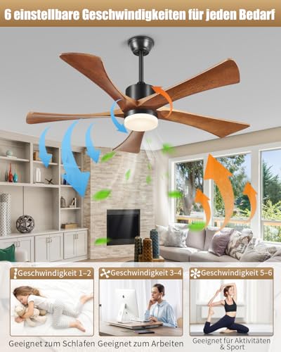 Forrovenco Wooden Ceiling Fan with Light 132 cm / 52 Inches, Ceiling Fan with Lighting and Remote Control, Outdoor Ceiling Fans for Patio, 5 Blades, 6 Levels, Quiet DC Motor, Walnut