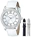 GUESS Women's U0351L1 Wardobe Watch Set with Three Interchangeable Genuine Leather Straps in White, Silver & Blue