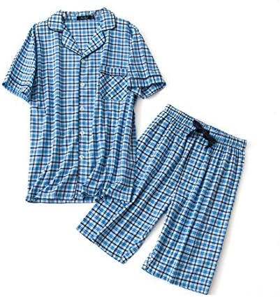 Men's Cotton Woven Short Pajama Set Sleepwear (Blue Plaid, X-Large)