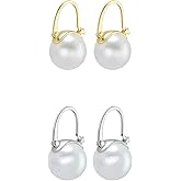 HUGE TOMATO Pearl Drop Earrings, 12mm Elegant Big Pearl Earrings 925 Sterling Silver 14K Gold Plated Clasp for Women Fashion, Dangle Hoop Earrings for Gift