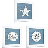 ARTZIO Ocean Beach Themed Room Wall Decor, Coastal Framed Wall Art Set(Framed Set of 3) with 3D Starfish, Seashell, and Sand 