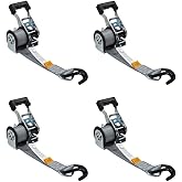 Mytee Products 4 Pack 1-1/2" x 8’ Mountable Rack-Ratchet Straps with Double J-Hook - 1,500 lbs Breaking Strength - Ladder Rack Ratchet Tie Down Straps