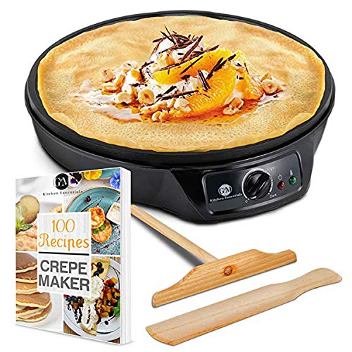 Crepe Maker Machine Pancake Griddle â€“ Nonstick 12â€ Electric Griddle â€“ BONUS 100 RECIPE COOKBOOK, Batter Spreader & Wooden Spatula â€“ Pan for Roti, Tortilla, Blintzes â€“ Portable, Compact, Easy Clean