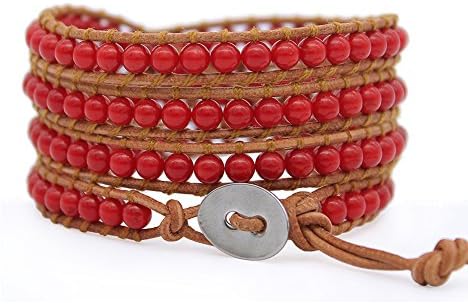 MOSNOS Handmade Brown Leather Wrapped Bracelet, Girls Natural Gemstone Jewelry (Red Coral)