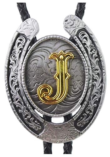 Moranse Bolo Tie Golden Initial Letter A to Z In Western Cowboy Horseshoe Style with Cowhide Rope Necktie(J) - Thumbnail 3