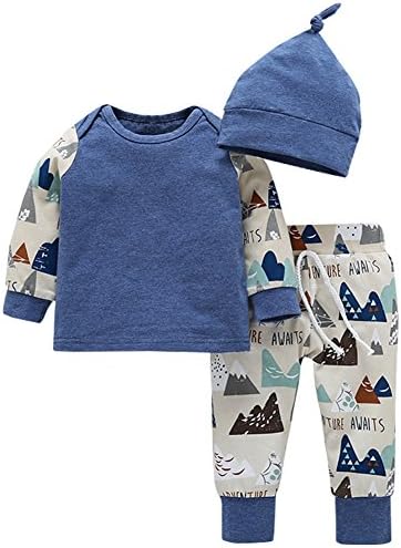 OUTGLE Newborn Baby Girl Boy Hills Print Pullover Top + Trousers + Hat Clothing Set Autumn Winter Outfits (6-12 Months, Blue)