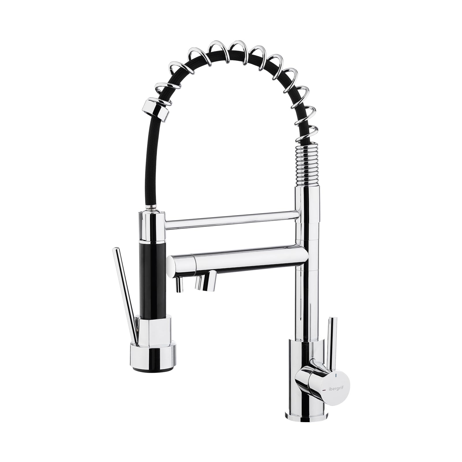 Ibergrif Spring Kitchen Sink Mixer Tap with Pull Out Sprayer, Single Handle Dual Lever with Dual Spout, High Arc 360° Swivel, Chrome M22144