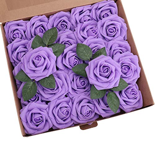 Ruiuzioong Artificial Flowers, 25pcs Real Touch Foam Roses DIY Flowers for Wedding Bouquets Centerpieces Arrangement Party Baby Shower and Home Decor (Purple, 25pcs) โ image 1