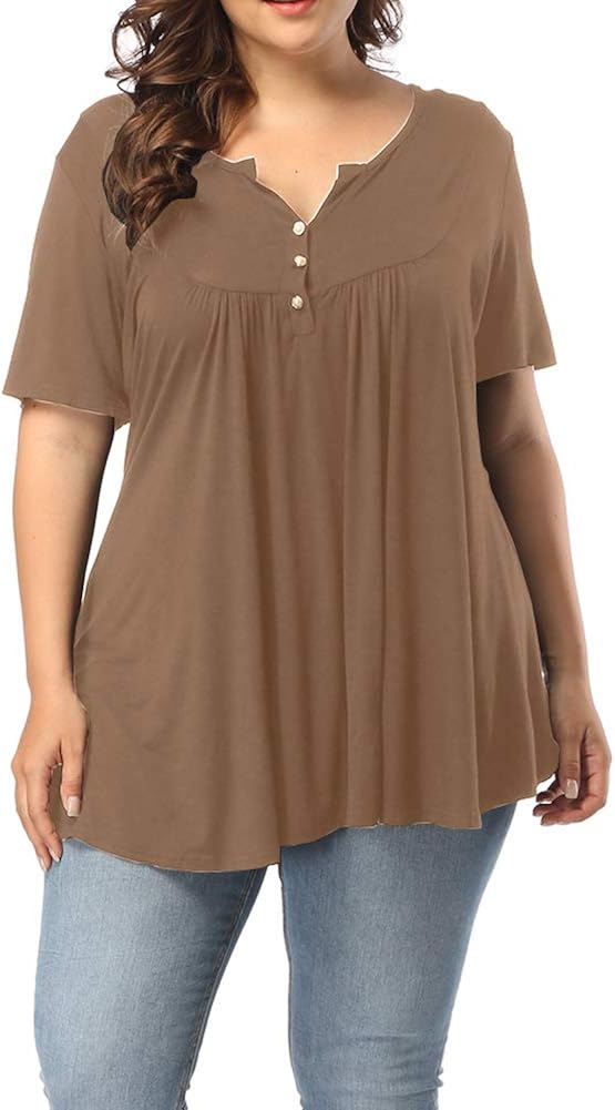 Allegrace Women's Plus Size Henley V Neck Button Up Tunic Tops Casual Short Sleeve Ruffle Blouse Shirts