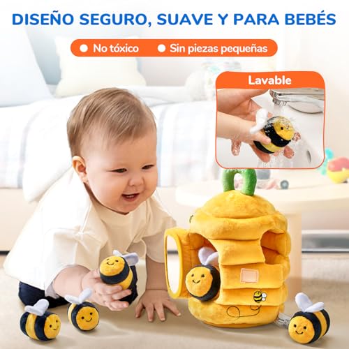 JoyCat Juguetes Bebes 6-12 Meses - Juguetes de Peluche de Abeja con Colmena, Sonajeros, Arrugas, Espejo - Juguetes Sensoriales Montessori para Bebes, Regalo Bebe 1 año
