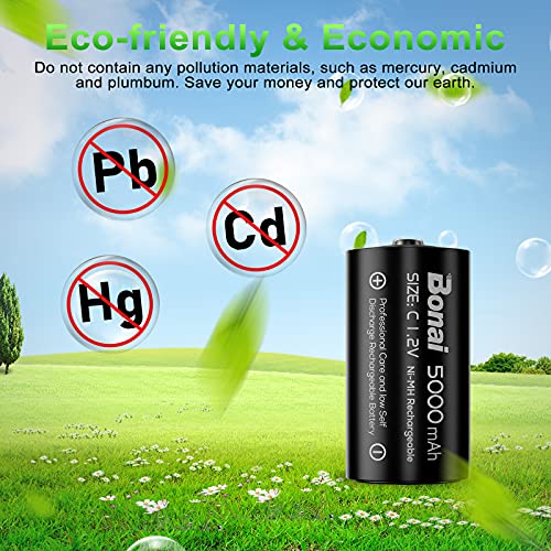 BONAI C Rechargeable Batteries 5000mAh Prerecharge, 1.2v NI-MH 4 Pieces C Rechargeable Battery, Rechargeable Batteries Type C / R14 / LR14