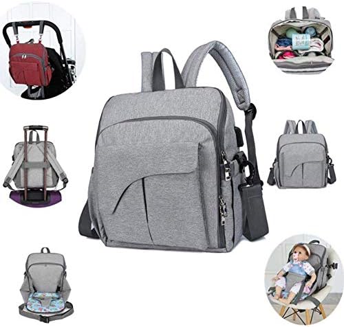 Disnation 2019 Multifunctional Waterproof 2 in 1 Mommy Baby Diaper Bags with USB Interface|Baby Dining Seat Chair Folding Nappy Bag|Travel Backpack Nursing Handbag (Light Gray)
