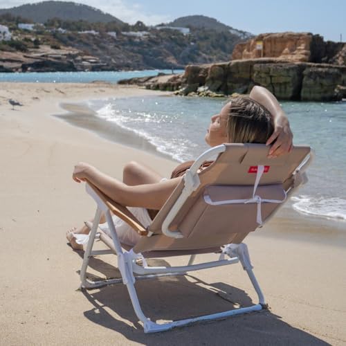 - Levar 2 cadeiras dobráveis para praia ou campismo - reclinável em 5 posições - bolso isolado a frio - bolso para telemóvel - pegas para mochila - almofada ergonómica - alumínio e têxtil