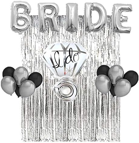 Bachelorette Party Decorations & Bridal Shower Kit! Set Includes: Metallic Silver Bride Foil Balloon,Metallic Silver Ring Foil Balloon, 10 Latex Balloons 5 black & 5 gray, Metallic Silver Fringe Curta