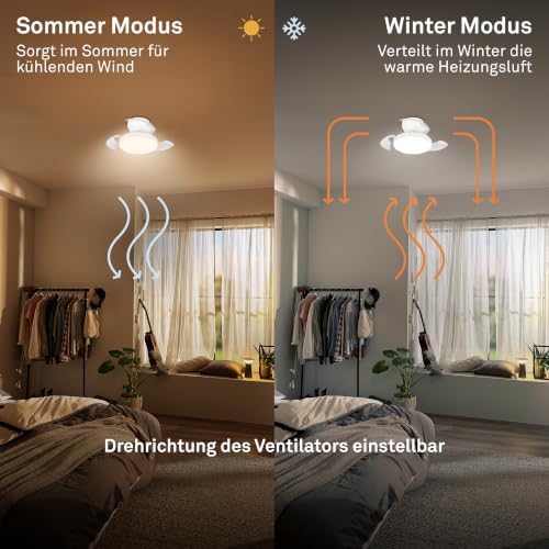 - LED Deckenventilator mit Beleuchtung, Fernbedienung, Leiser DC-Motor, 3 Geschwindigkeiten, Flügel ausfahrbar, CCT, Dimmbar, Lampe mit Ventilator, Ventilator Deckenleuchte, 44x16,5 cm, Weiß