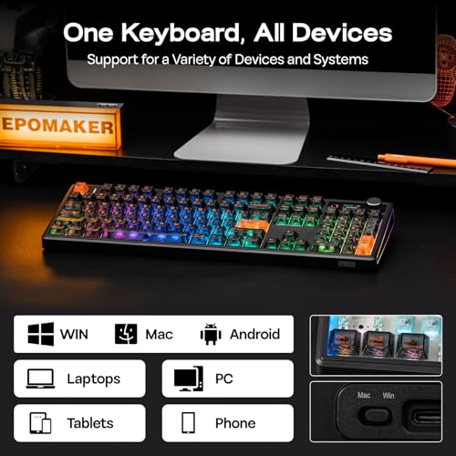 EPOMAKER TH108 V2 PRO Full Size Mechanical Keyboard with Screen&Knob, 10000mAh, BT/2.4Ghz, Mac Modifier PBT Keycap, Hot Swap, RGB, Gasket, Wireless Gaming Keyboard for Mac/PC (Black, Sea Salt Silent)