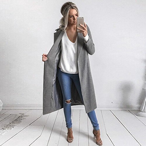 Hot Sale! Napoo Women Long Coat Winter Lapel Parka Jacket Solid Cardigan Overcoat Outwear (L, Gray)