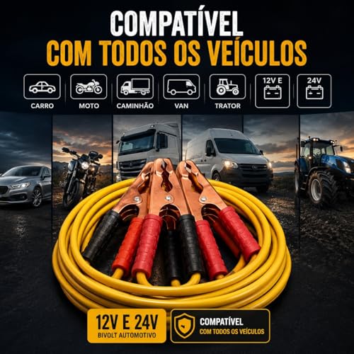 Cabo Chupeta Automotivo 800A — 2,5 Metros, Fio10mm, Garras Aço Cobreado, 12V e 24V com Bolsa, para Carro, Moto e Caminhão