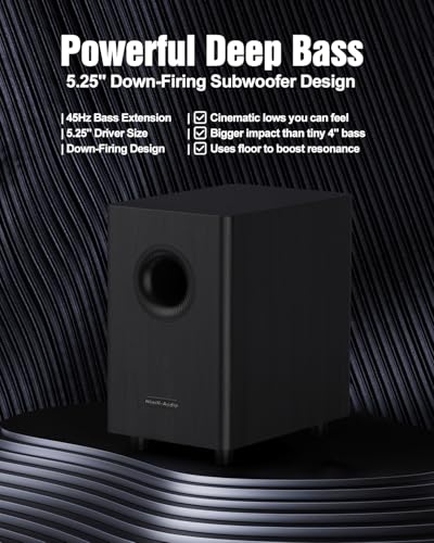 Hiwill-Audio 5.1.2ch Surround Sound System, Soundbar for TV with Subwoofer, Bass Boost, 4 Virtual Surround Speakers, Home Cinema Sound Bars Speaker, 400W Peak Power, Works w/ARC/OPT/BT 5.3/AUX/USB