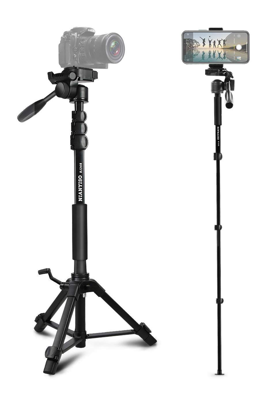 Camera Tripod 69-Inch, Patented Phone Holder Portable Aluminum Alloy Travel Phone Camera Tripod Monopod with 3-Way Swivel Pan Head for DSLR, DV Video Camcorder, Smartphone(BJ-368)