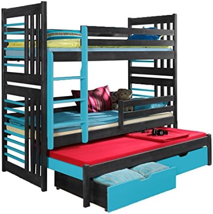 Triple Bunk Bed ROLO Modern Trundle High Sleeper Mattress Drawers Ladder 3 Children Pine Wood (Left Hand Side, UK Single Standard Size)
