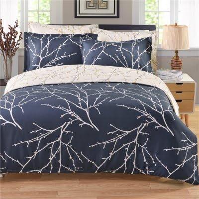 ZHIMIAN Reversible 3 Piece Branch Print Floral Duvet Cover Set with Zipper Closure(1 Duvet Cover + 1 Pillow Shams),120GSM,Ultra Soft(Twin,Blue)
