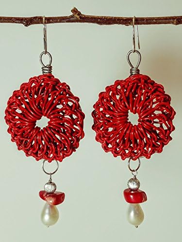 Red Leather Rosette Earrings on Titanium Hoops with Tahitian Coral, Sea Pearl & Brushed Sterling on Sterling Silver Earwires - 100% Handmade